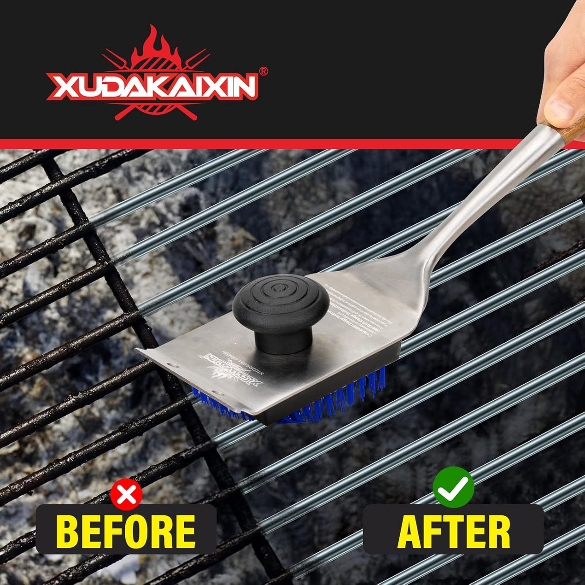 Grill Brush and Scraper, Dual Grip Design,Extra Strong BBQ Cleaner Accessories,Safe Nylon Bristles Barbecue Triple Scrubbers Cleaning Brush for Cast Iron Grates/Porcelain/Charcoal Grill