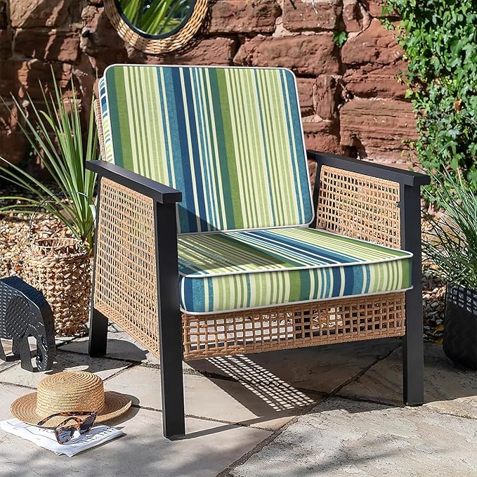 LVTXIII Patio Chair Cushions 22"x22"x3", Water-Repellent Outdoor Seat Cushions for Patio Furniture, Square Chair Pads with Ties for Home Garden Decoration, Set of 2, Stripe Blue Green