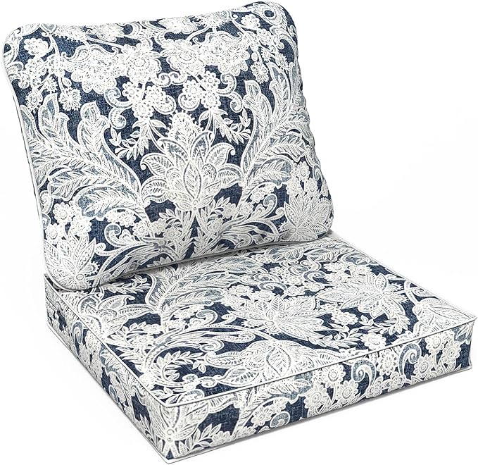 LVTXIII Outdoor/Indoor Deep Seat Cushion Patio Seat and Back Cushion Set All-Weather Replacement Chair Cushion for,Wicker Chairs and Garden Furniture Decoration, 24"x24"x4", Damask Lapis