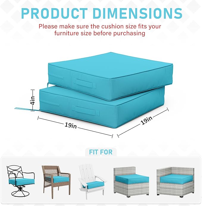 Patio Chair Cushions 19 X 19 X 4 Inch Waterproof Outdoor Seat Cushions for Patio Furniture, Outdoor Sofa Couch Pads with Ties & Handle, Set of 2, Lake Blue
