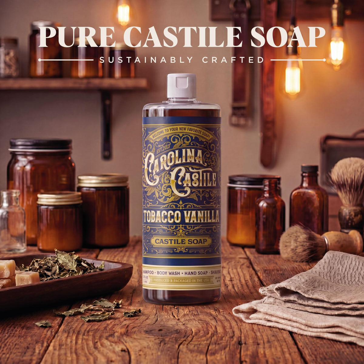 Castile Liquid Body Wash for Sensitive Skin – Natural Shampoo for Men with Olive Oil, Cocoa Butter & Coconut Oil – Tobacco Vanilla by Carolina Castile (Tobacco Vanilla, 32 Fl Oz)
