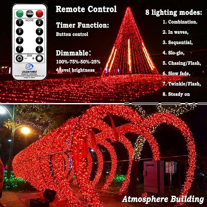 KNONEW 403ft 1000 LED String Lights Outdoor Christmas Lights 8 Modes & Timer Fairy Light Plug in Waterproof LED String Lights for Xmas Yard Tree Wedding Party Holiday Decorations (Red)