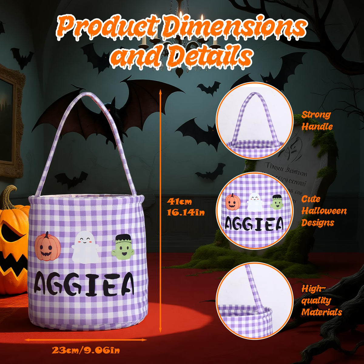 Personalized Halloween Basket, Halloween Candy Bucket with Name Large Capacity Trick or Treat Bags in 5 Colors (Orange)