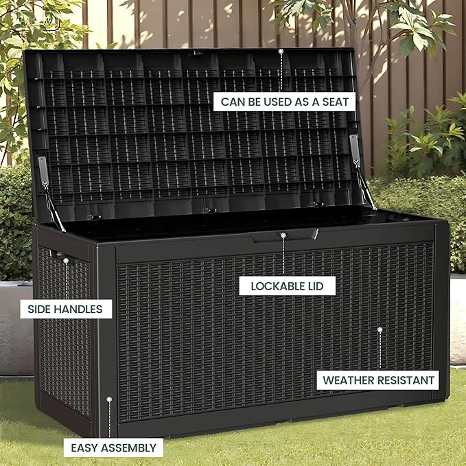 100 Gallon Storage Box, Waterproof Resin Deck Box with Hydraulic Piston Design, Lockable Storage Bench for Package Delivery, Storage Bin for Patio Cushions, Garden Tools, Black