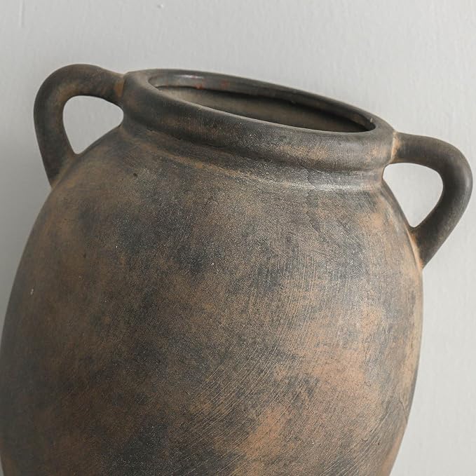 Ceramic Flower Vase 7.6 inch Farmhouse Rustic Vase Decorative Pottery Terracotta Vases for Home Decor Table Mantle Fireplace Living Room Bathroom Wedding Centerpiece (Black)