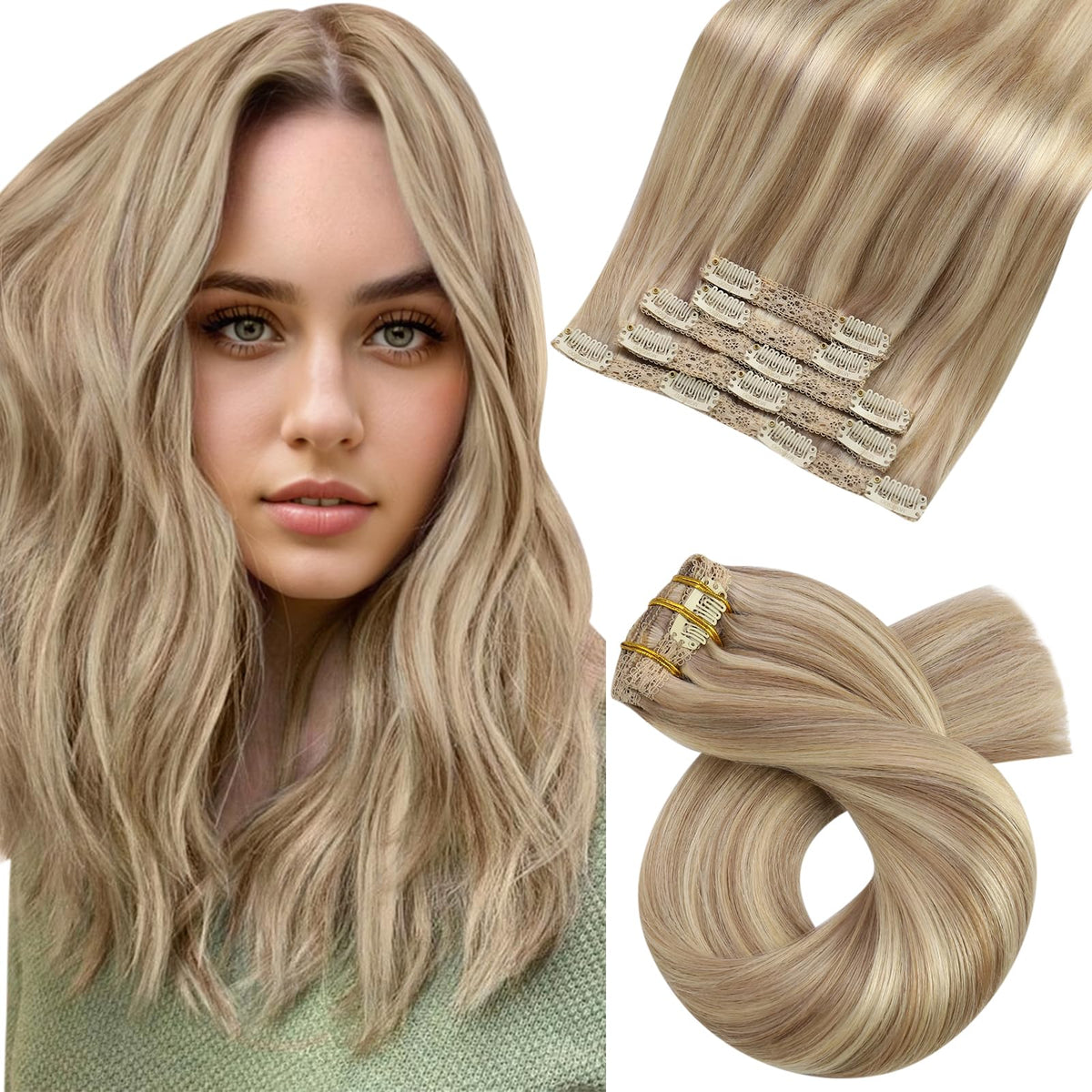 Moresoo Blonde Clip In Hair Extensions 10Inch Double Weft Human Hair Clip In Extensions Dark Ash Blonde Highlighted With Golden
