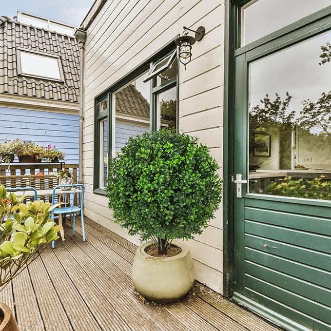 22" Artificial Boxwood Topiary Ball Trees with Ground Spike Set of 2 - UV Resistant Faux Green Shrubs & Bushes Potted Plants for Outdoor Indoor Front Porch Garden