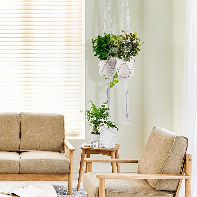 Sorbus Macrame Plant Hanger [4 Pack] Indoor Outdoor Hanging Plant Pots Cotton Rope, Elegant for Home, Patio, Garden White