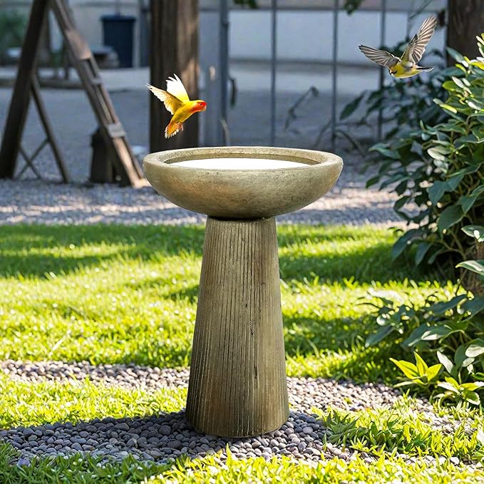 SunJet 24.4inches Tall Fiber-Reinforced Concrete Bird Bath - Modern Minimalist Style Outdoor Birdbaths & Feeder Combo for Outdoors Patio Garden Yard Lawn Decor