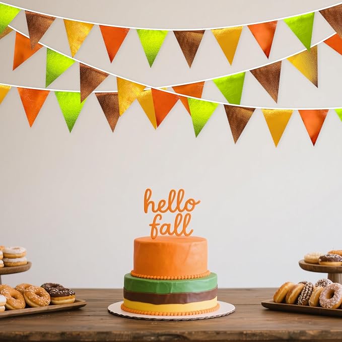 Fall Party Decorations Orange Green Gold Brown Metallic Fabric Triangle Pennant Flag Bunting Banner for Fall Autumn Thanksgiving Wedding Birthday Baby Shower Bridal Shower Engagement Party Supplies