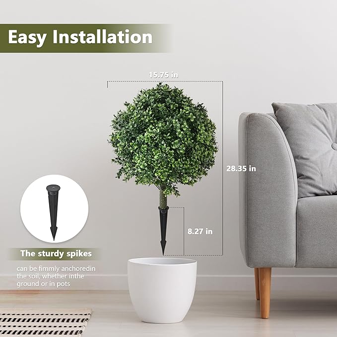 28" Artificial Boxwood Topiary Ball Trees with Ground Spike for Outdoor,Set of 2 UV Resistant Artificial Shrub Bushes,Artificial Plants,Fake Boxwood Plants for Indoor, Garden, Yard,Patio Décor