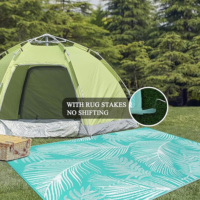Pauwer Waterproof Outdoor Rug 8x10, Reversible Plastic Straw Patio Camping Rug, Indoor Outdoor RV Mat Carpet for Deck, Camper, Porch, Balcony, Backyard, Picnic, Leaf Light Blue