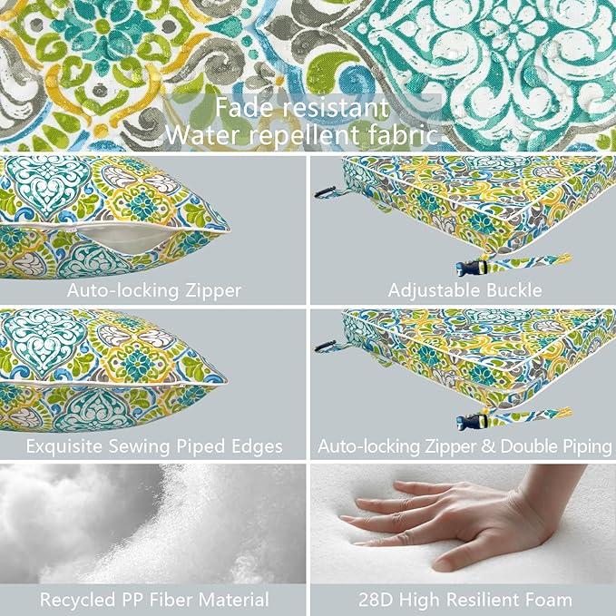 LVTXIII Outdoor Deep Seat Cushion 22"x22"x4" Patio Seat and Back Cushion Set Seasonal Chair Cushion for Dining Arm Chairs, Wicker Chairs and Garden Furniture Decoration, Damask Green