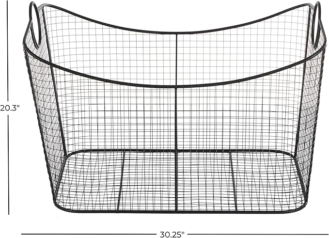 Deco 79 Metal Large Open Frame Wire Grid Storage Basket with Curved Sides and Ring Handles, 30" x 20" x 20", Black