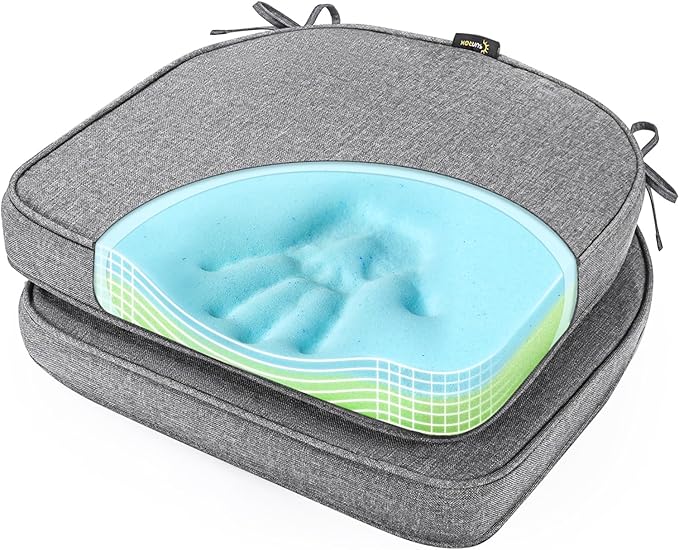 SUNROX Gel Memory Foam Chair Cushions, FadeShield Water-, Stain-Resistant Durable Reversible Seat Cushion Pads with Ties for Indoor/Outdoor Kitchen Dining Office, 19"x19", Set of 2, Heather Charcoal