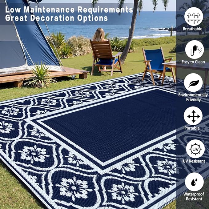 RV Outdoor Rug Waterproof Mat 9'x12' Camping Carpet Blue Outside Area Rugs Reversible Rugs for Deck Entryance Porch Picnic Balcony Beach