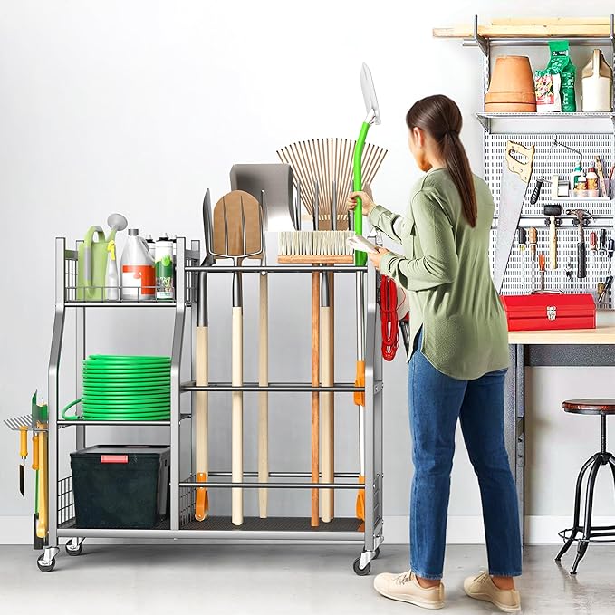 Ultrawall Garden Tool Organizer, Yard Tool Storage Rack for Garage Organization with Lockable Wheels, Garden Tool Stand for Rake, Brooms, Indoor & Outdoor Use