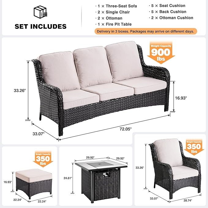 ovios 6 Pieces Patio Furniture Set with 30" Fire Pit Table, Outdoor Wicker Sofa with Ottomans, Comfy Cushions, High Back Couch Conversation Set, Brown Rattan, Beige