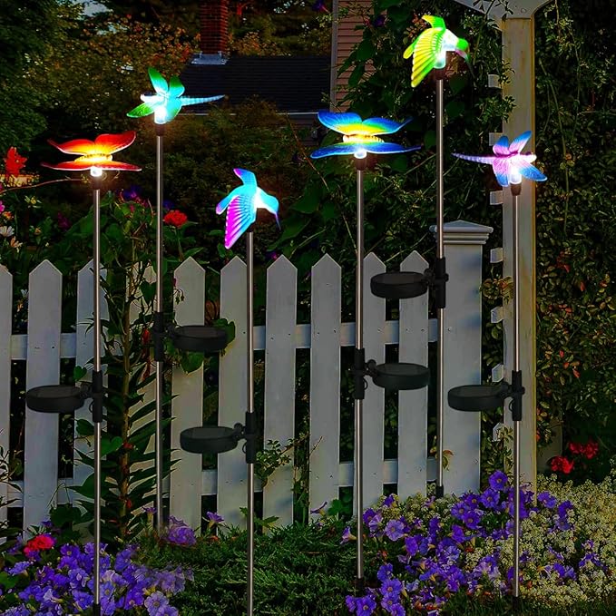 EiGreen 6 Pack Solar Garden Stake Lights Outdoor, Yard Figurine Stake Light, Flower Hummingbird Dragonfly Butterfly for Patio Yard Pathway Decoration (Garden)
