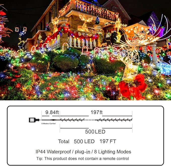 KNONEW 197FT 500 LED Christmas Lights Outdoor String Lights 8 Modes & Memory Fairy Light Plug in Waterproof LED String Lights for Xmas Yard Tree Wedding Party Holiday Decorations (Multicolor)