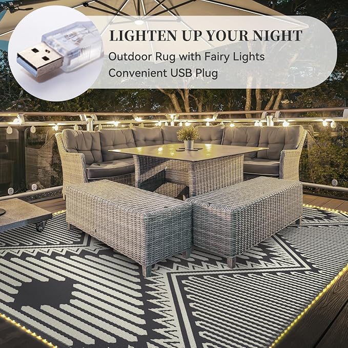 MontVoo Outdoor Rug with Led String Strip Lights 6x9 ft Waterproof Outdoor Patio Rug Mat Reversible Plastic Straw Rug Outside Outdoor Rug for RV Camping Picnic Balcony Fairy Boho Outdoor Decor