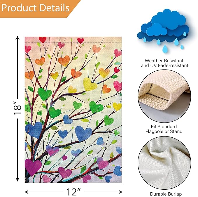 Louise Maelys Pride Garden Flag Rainbow Tree Love Heart 12x18 Inch Double Sided Welcome Small Burlap Gay Lesbian LGBTQ Yard Outdoor Sign Outside Home House Decor