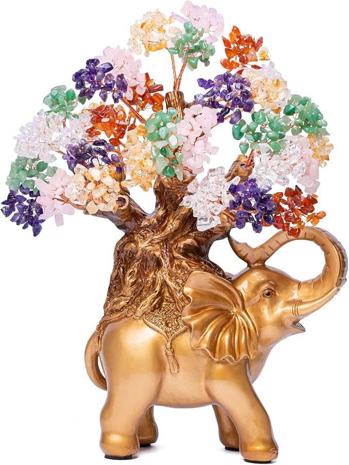 7 Chakra Crystal Money Tree on Gold Elephant Statue, 17”Large Gemstone Bonsai Tree of Life Home Décor Gifts for Wealth Positive Energy, Feng Shui Décor