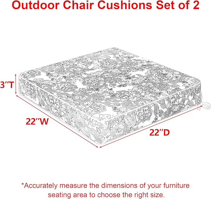 Favoyard Outdoor Chair Cushion 22 x 22 x 3 In Waterproof Pattern Fade Resistant Cushions for Patio Furniture with Removable Cover Attach Straps 28D Foam Insert Cushions Pads for Seat Sofa Couch 2 Pack