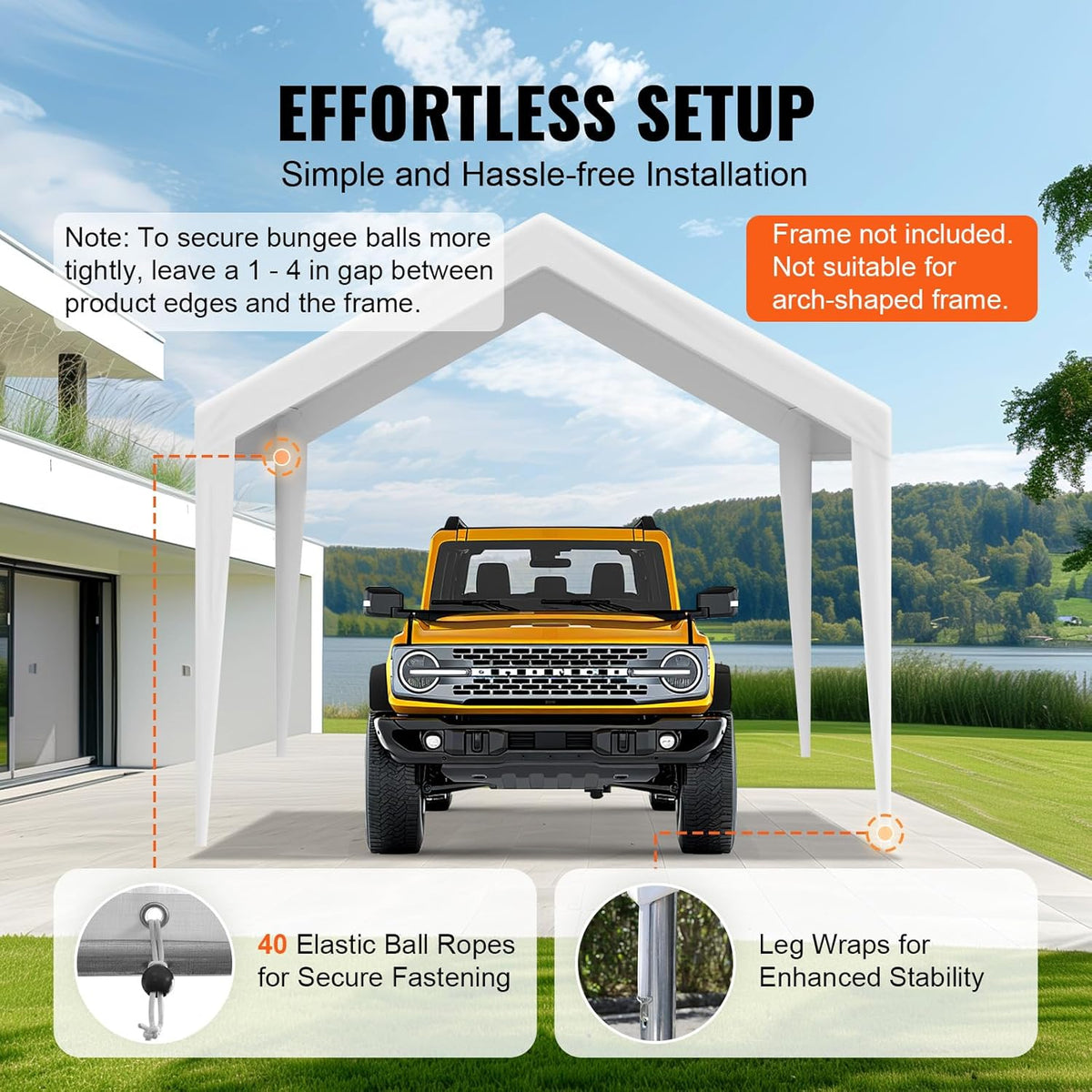 VEVOR Carport Replacement Canopy Cover 10 x 20 ft, Garage Top Tent Shelter Tarp Heavy-Duty Waterproof & UV Protected, Easy Installation with Ball Bungees,White (Only Top Cover, Frame Not Include)