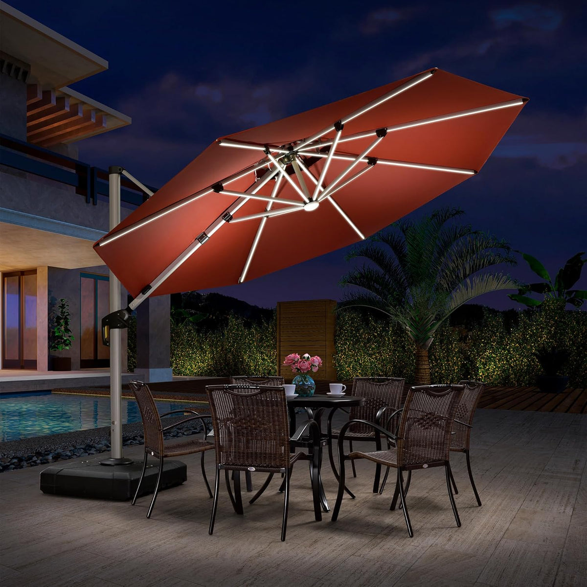 PURPLE LEAF 11ft Patio Umbrella With Base Solar powered LED Cantilever Umbrella with LED lights Windproof Outdoor Offset Umbrella for Garden Deck Pool Patio, Brick Red