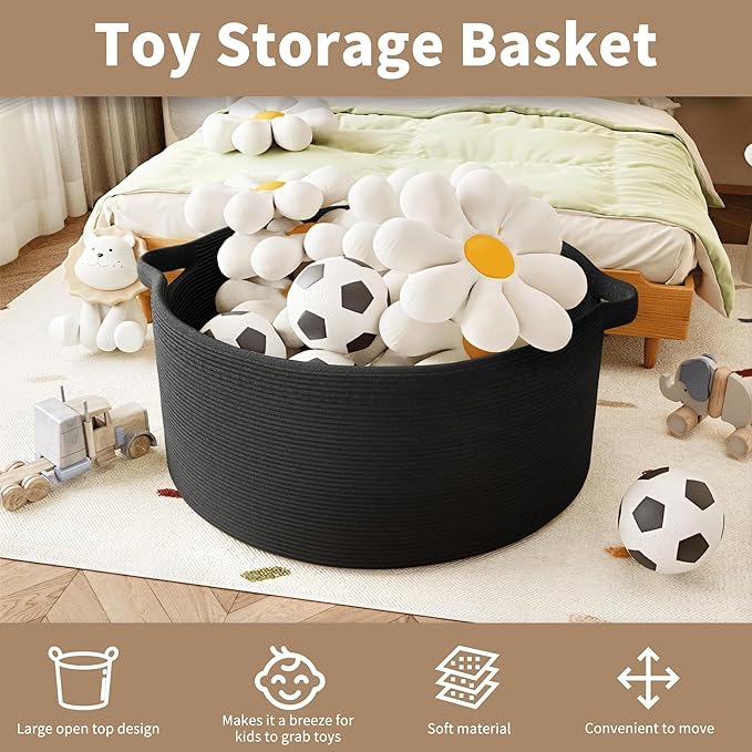 125L Extra Large Blanket Basket, 25" x 16", Jumbo Laundry Woven Baskets Decorative Home, Cotton Rope Basket with Handles, Baby Toy Baskets for Storage, Black, 2PC