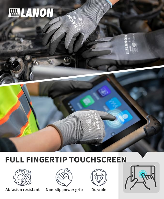 LANON 18 Pairs Safety Work Gloves, Mechanic Working Gloves for Men,Breathable PU Coated, Seamless Knit,Double Wash, Grey, X-Large
