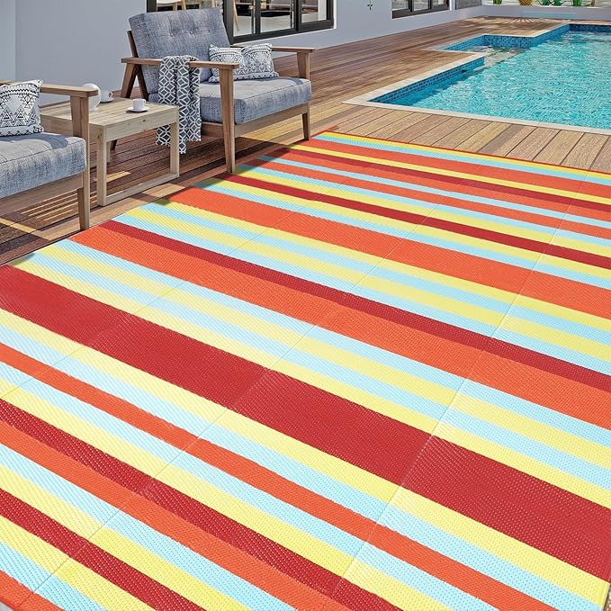 Outdoor Waterproof Rug 8'x10' Plastic Straw Rugs Washable Reversible Floor Mat Rainbow Stripe Carpet for Camping RV Deck Entryance Porch Picnic Balcony Beach Backyard