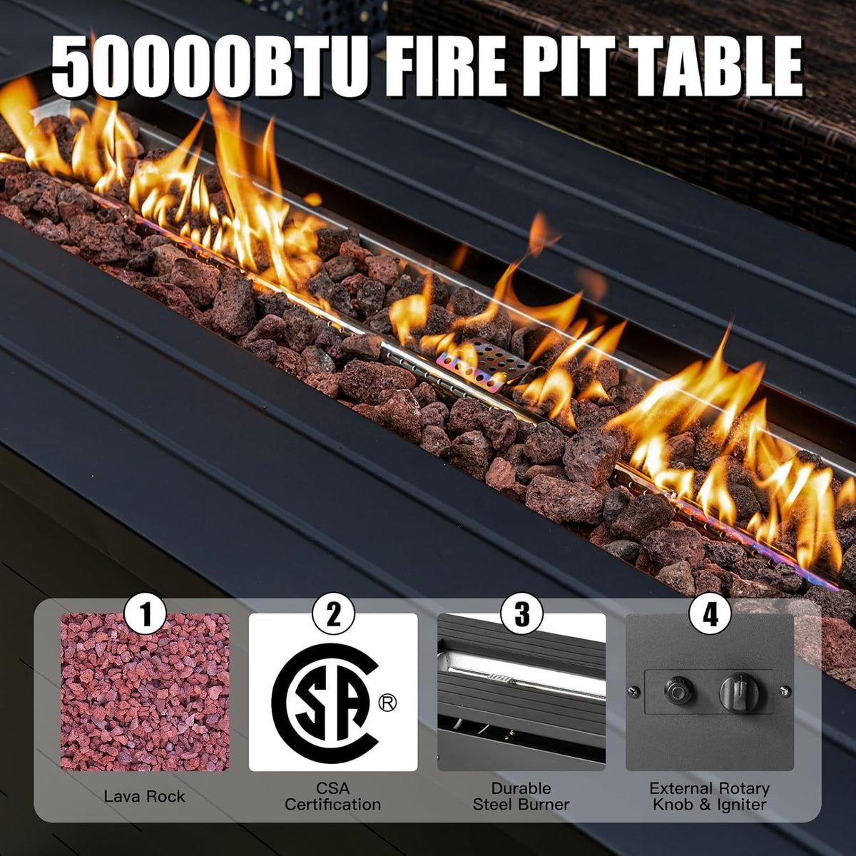57 inch Propane Fire Pit Table,50000 BTU Gas Fire Pits Table with Lid & Lava Rock & Waterproof Cover, Outdoor Propane Firepit for Dining or Party, Outside, Patio, Garden, Yard