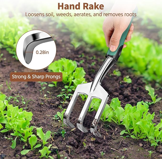 LASZOLA 3 Piece Garden Tool Set Include Hand Trowel Rake and Transplant Shovel for Women, Indoor Heavy Duty Small Spade Kit with Ergonomic Handle to Weed and Loosen, for Mom and Plant Beginner, Teal