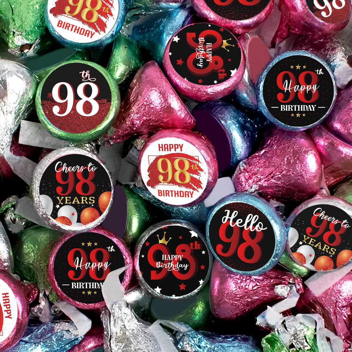 Happy 98th Birthday Party Favor Labels Chocolate Candy Stickers - 98 Years Old Birthday Round Candy Sticker Party Favors - Black and Red - 150
