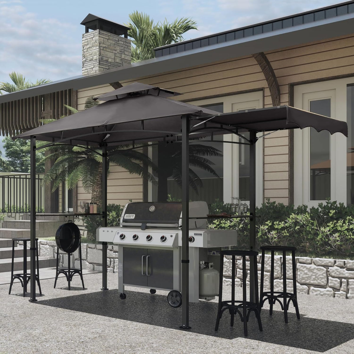 MASTERCANOPY 11 x 5 Grill Gazebo with Extra Side Awning Outdoor BBQ Gazebo with 2 LED Lights for Patio Party Backyard Picnic(Dark Gray)