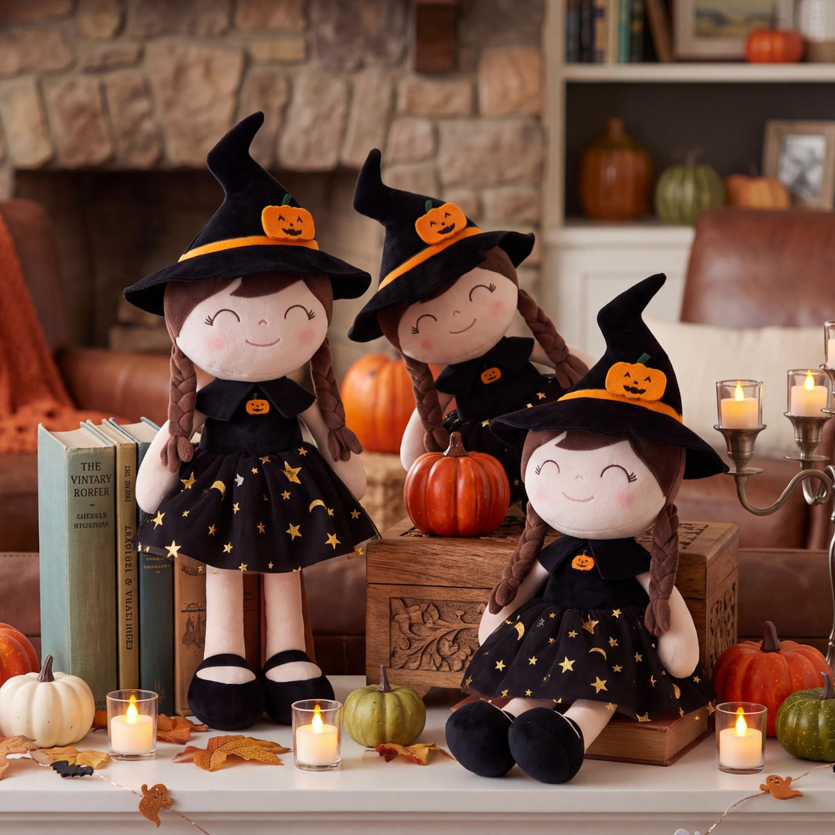 Gloveleya Halloween Soft Plush Toy, Baby Girl Gifts, Witch Doll, Black Dress, 16 Inch