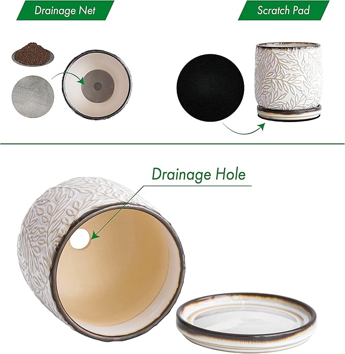 D'vine Dev 5 Inch Embossed Leaves Stoneware Planter Pot with Drainage Hole and Saucer, Smoked White, Set of 1, 27-A-V-1