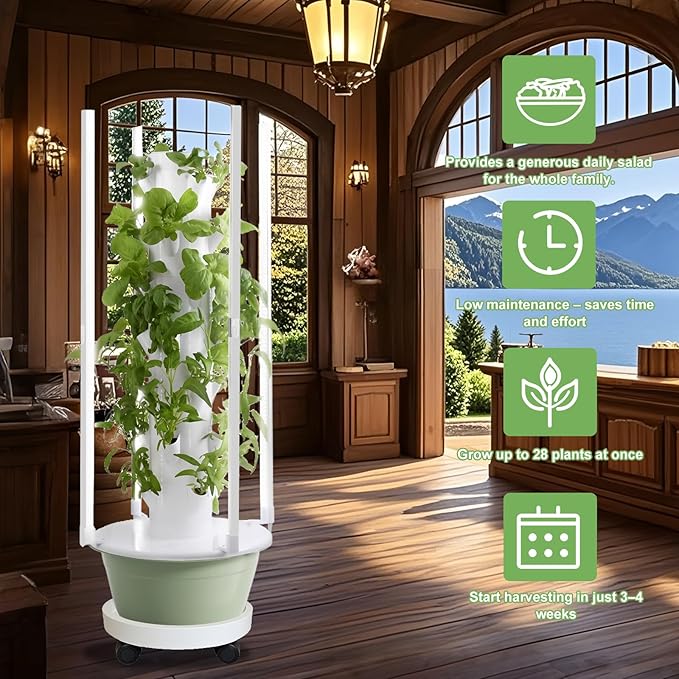 Vertical Hydroponic Growing System Kit – LED Grow Lights, Hydroponic Vegetable Tower,Inddor Lettuce Growing Garden,28 Plant Sites, for Indoor & Outdoor Gardening,Full Spectrum