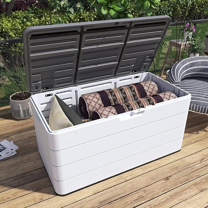 Heavy-Duty 100 Gallon Outdoor Storage Box - Waterproof Deck Box & Large Storage Bin for Patio/Pool, All-Weather Resin Chest with Lock, UV-Resistant, Alpine White