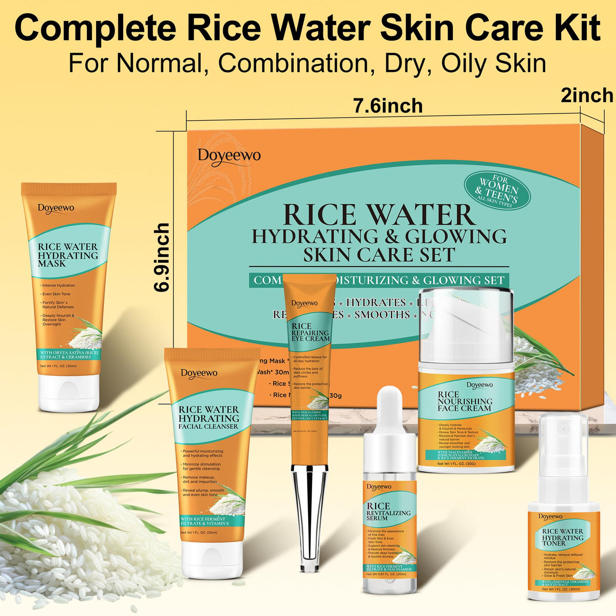 Skin Care Set w/Korean Rice Extract for Hydration,Glow,Repair &Radiant Skin