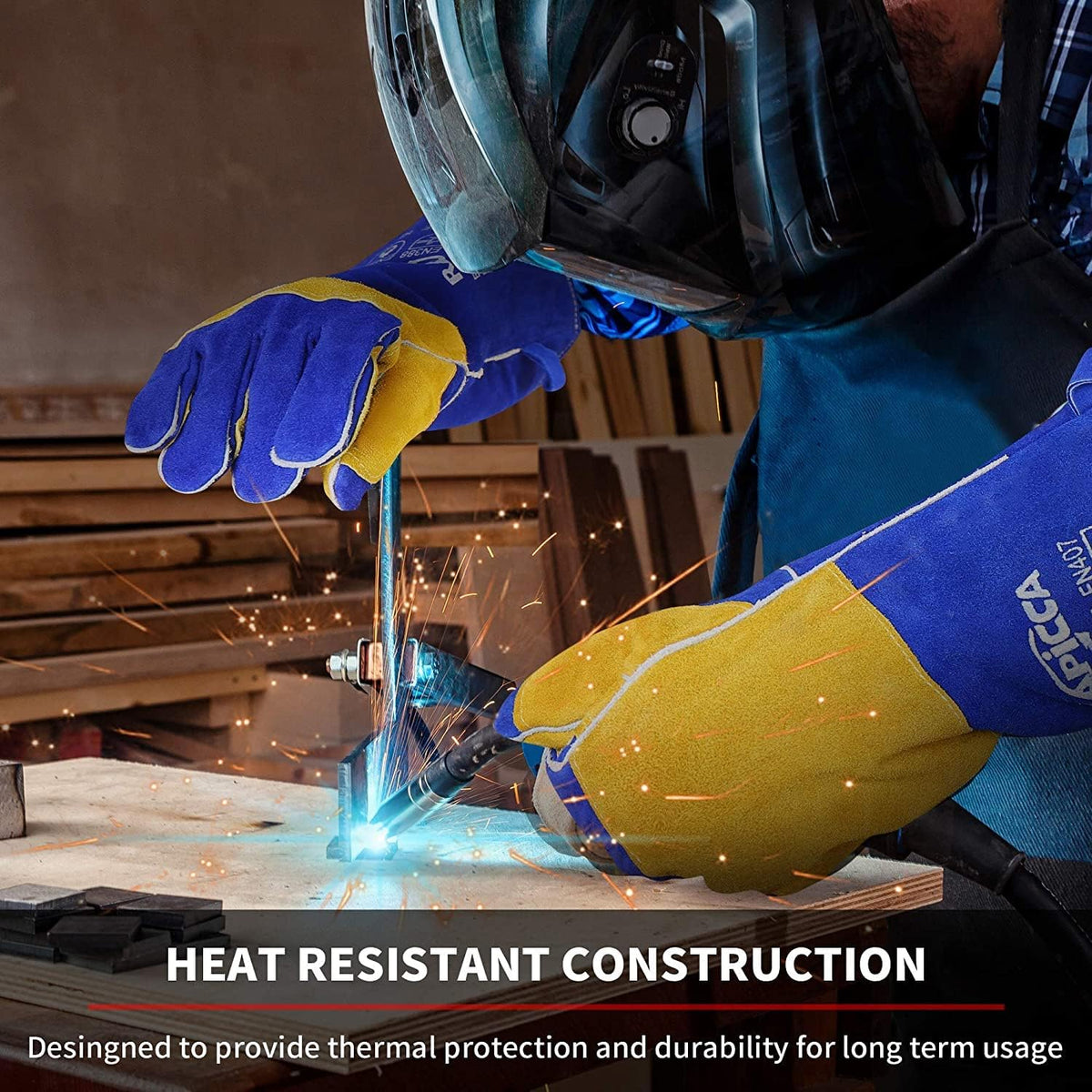 Welding Gloves Fire Heat Resistant: Blue 16IN 932℉ - Fireproof Leather For Stick Mig Flux-Core Welder Forge Blacksmith Fireplace Wood Stove Fire Pit Grill Oven Furnace Handling Dry Ice - Birthday Gift