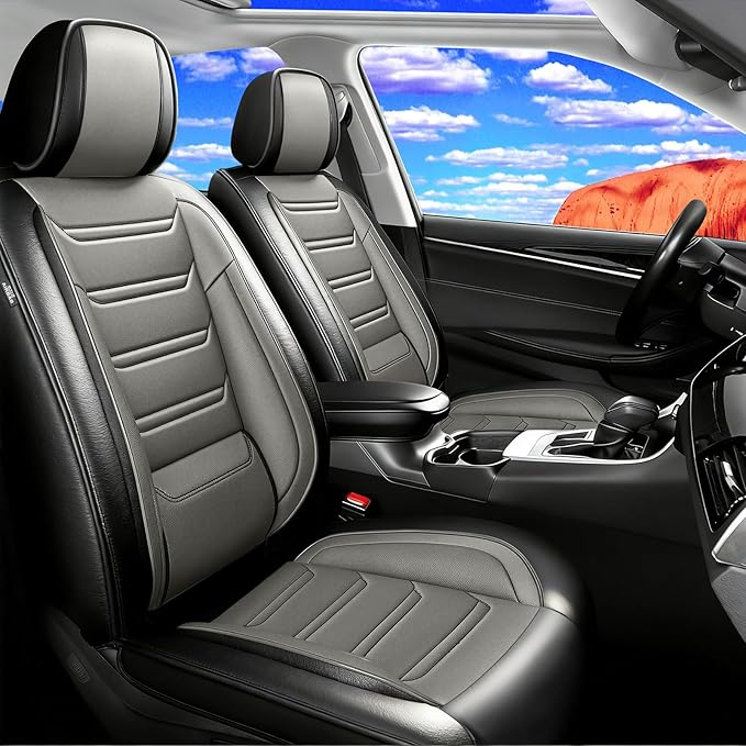 Fit Accord Car Seat Covers for Select Honda Accord 2012-2026, Luxury Full Coverage Leather, Airbag Compatible, Waterproof & All Weather Seat Protector, Front Pair Black+Gray