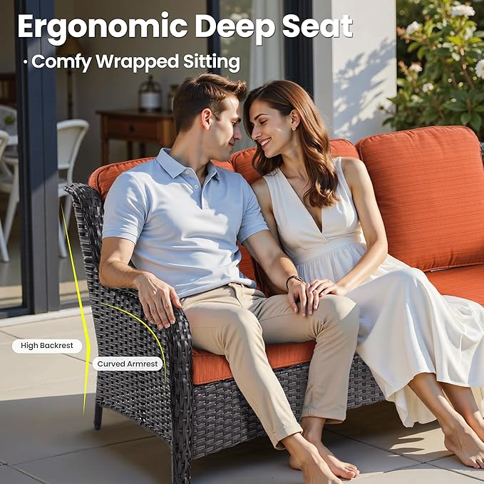 ovios 7 Pieces Patio Furniture Set, Outdoor Wicker Sofas with 4 Chairs, Ottomans and Comfy Cushions, All Weather High Back Couch Set for Deck Porch, Brown Rattan, Orange Red