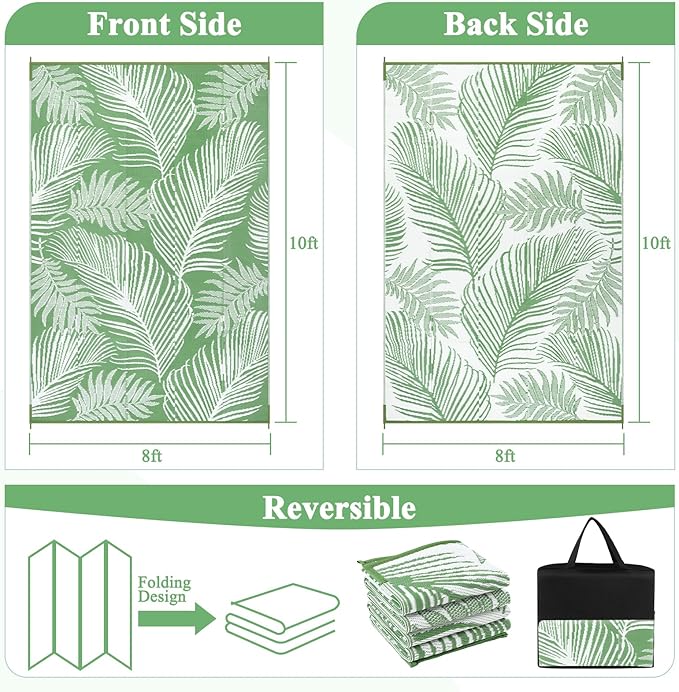 Pauwer Waterproof Outdoor Rug 8x10, Reversible Plastic Straw Patio Camping Rug, Indoor Outdoor RV Mat Carpet for Deck, Camper, Porch, Balcony, Backyard, Picnic, Leaf Green