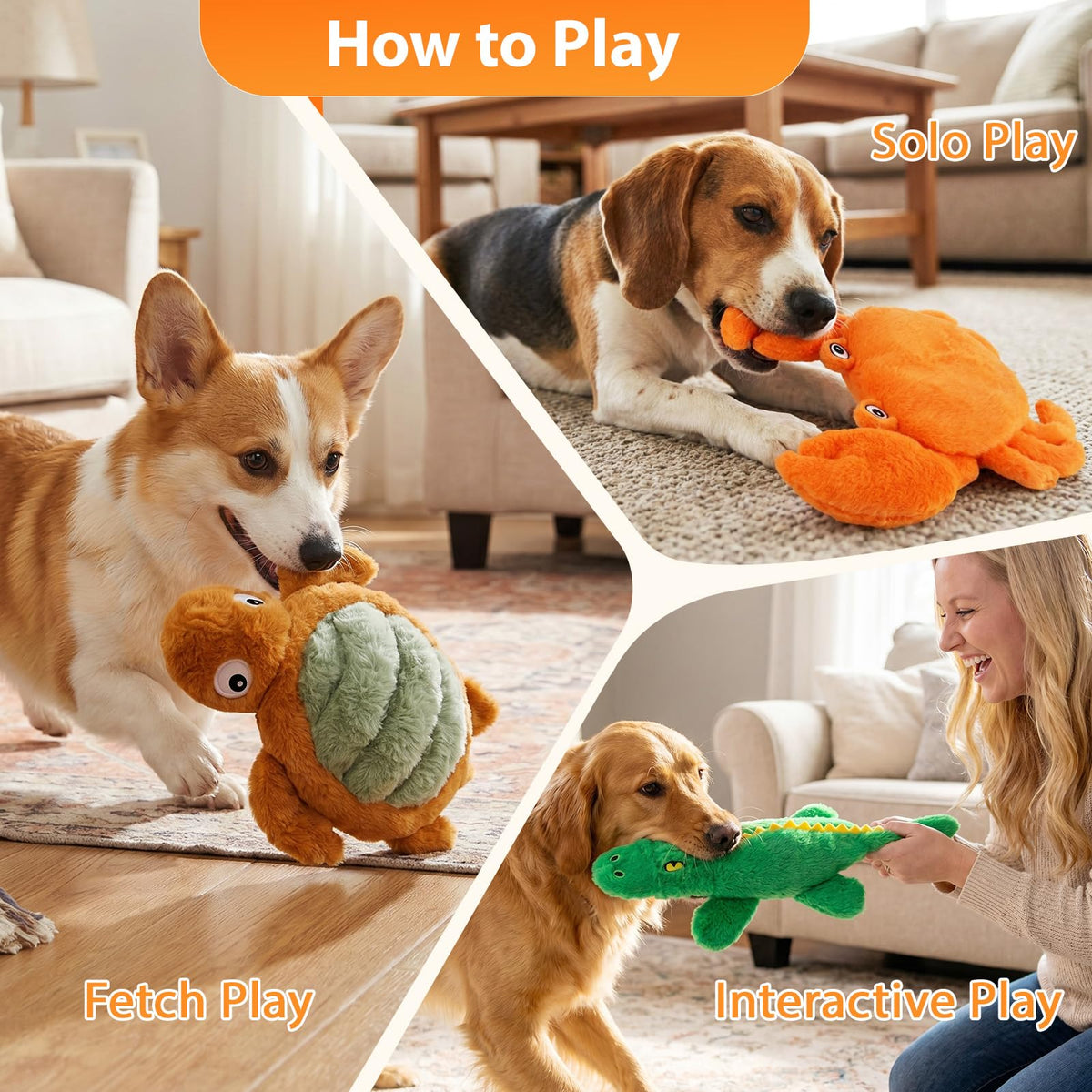 Homounter No Stuffing Dog Toys for Puppies, Small & Medium Dogs, 3 Pack Squeaky Crinkle Plush Toys for Teething & Anxiety Relief, Lightweight Interactive Animal Set to Keep Them Busy