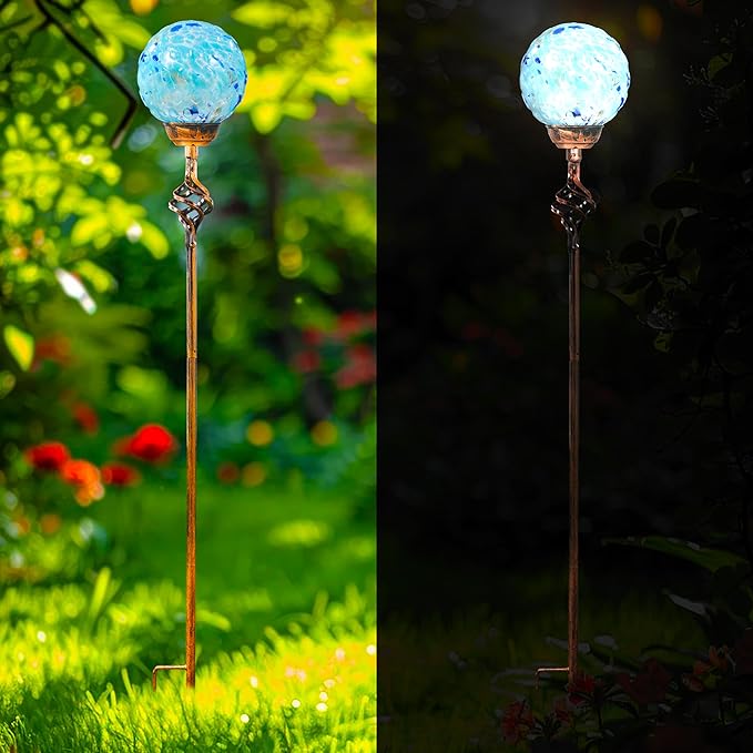 Garden Solar Lights, Decorative LED Honeycomb Glass Ball Garden Stake, Glass and Metal Outdoor Decoration, 4 x 31 Inch (Light Blue)