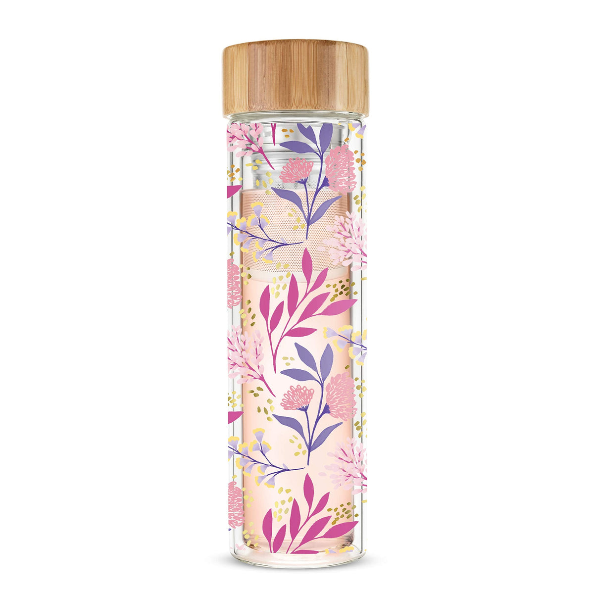 Pinky Up Blair Travel Tea Infuser Mug, Double Walled Insulated Travel Tumbler with Loose Leaf Tea Strainer, Travel Coffee Mug, Keeps Drinks Hot or Cold, 16 oz, Botanical Design