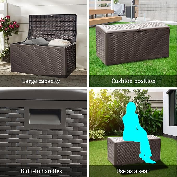 80 Plus Gallon Outdoor Storage Box, Waterproof Resin Deck Box Outdoor Storage Bin for Patio, Poolside, and Garden, Lockable & UV-Resistant, Ideal for Small Spaces, Brown